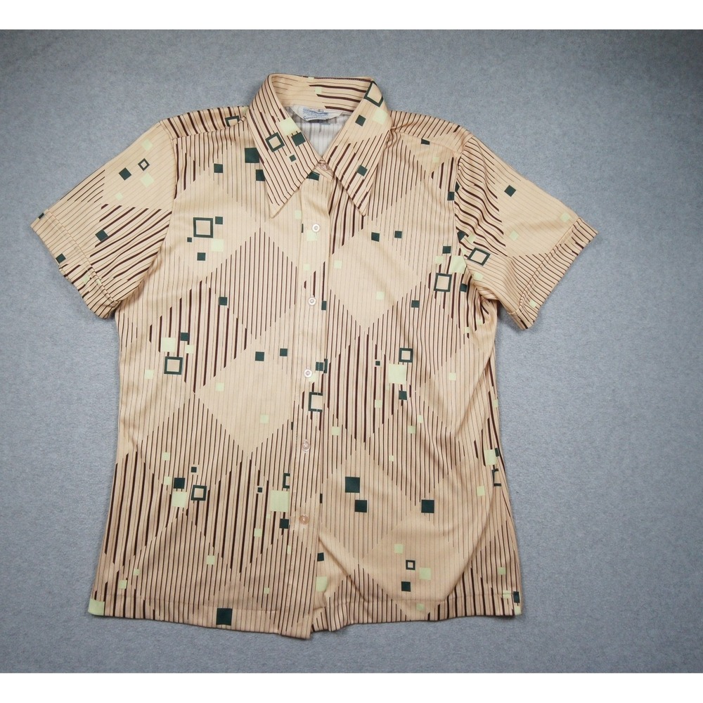 Vintage Sears Shirt Womens 18 Beige Button Down‎ Perma Prest Geometric 70s 80s